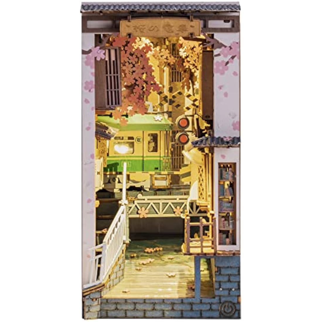 ROBOTIME Wooden Book Nook Dollhouse Kit,DIY Wall Hanging Miniature Room, Puzzle House Model Building Kits with LED Lights, Home, Bookshelf Decor (Sakura Densya)