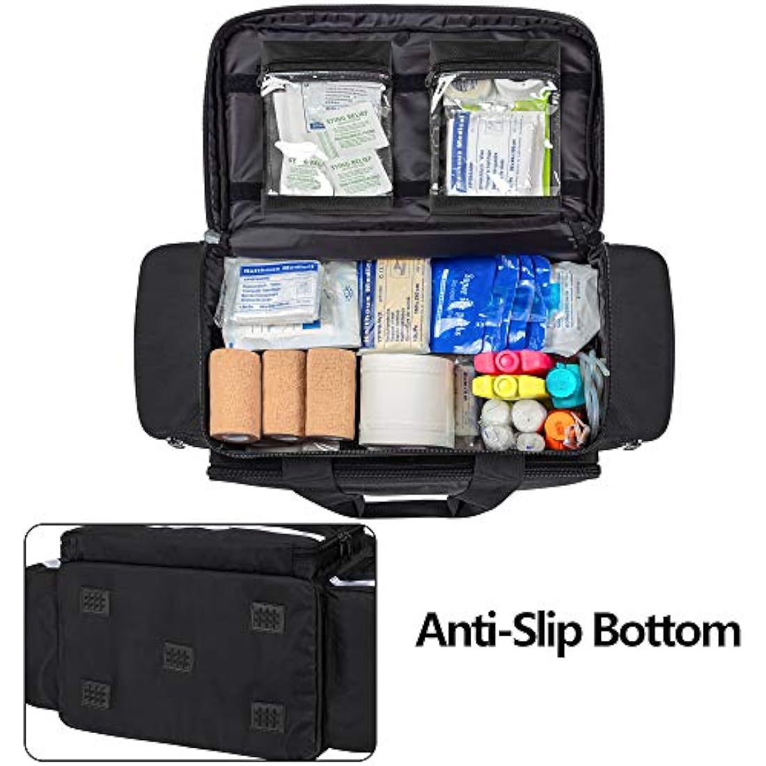 Trunab Emergency Responder Trauma Bag Empty, Professional Large First Aid Bag Medical Bag with Inner Dividers and Non-Scratch Bottom, Ideal for EMT, EMS, Paramedics, Black, Empty-Patented Design