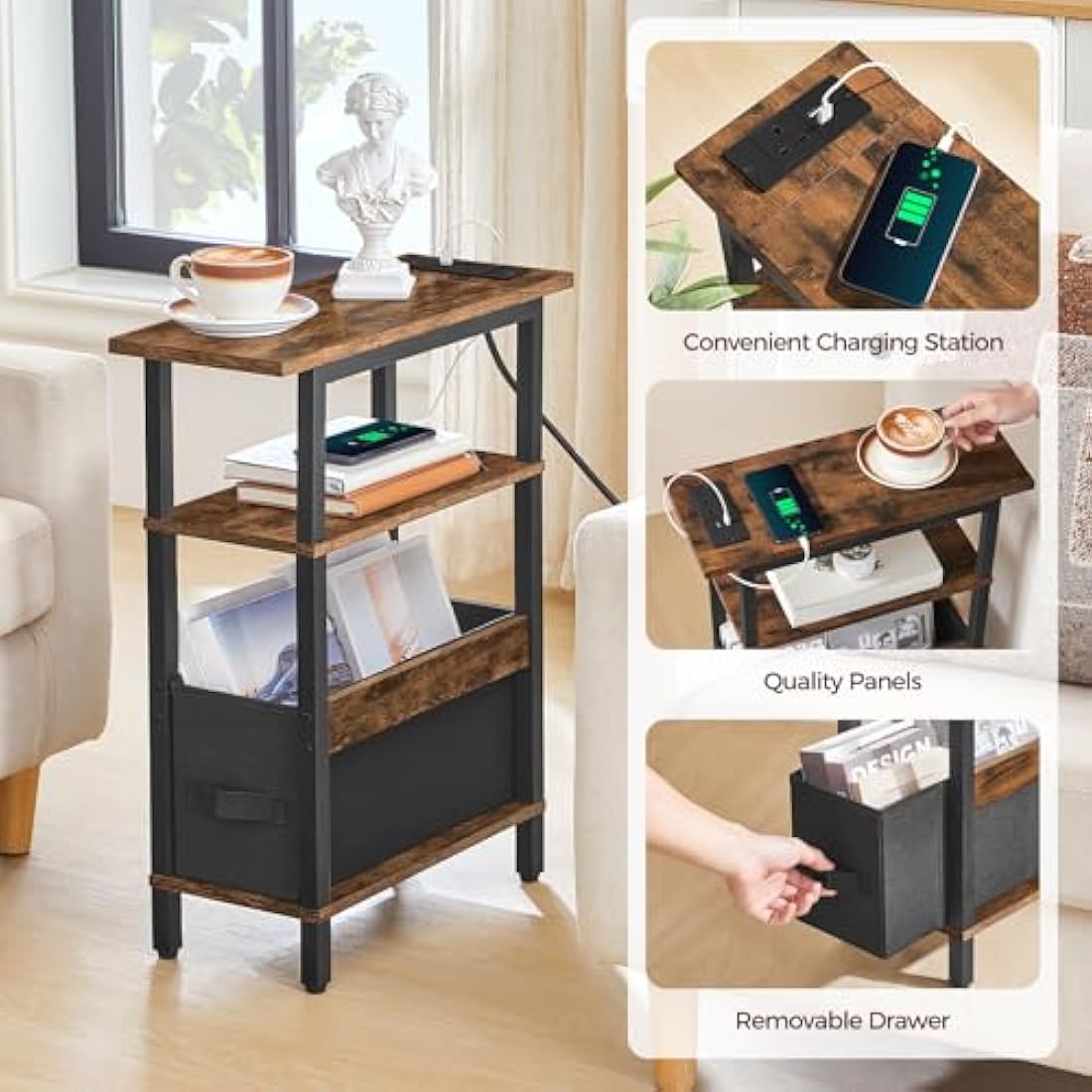MAHANCRIS Narrow Side Table with Charging Station, 3 Tier Small End Table for Small Spaces, Slim Side Shelf with Storage, for Living Room, Bedroom, Rustic Brown AETHR125KE01