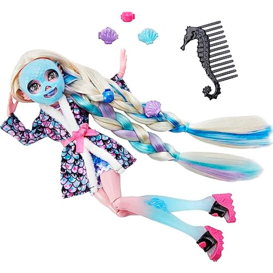 Monster High Doll, Lagoona Blue Spa Day Set with Wear and Share Accessories Like Hair Clips, Hair Chalk and Tattoos (HKY69)
