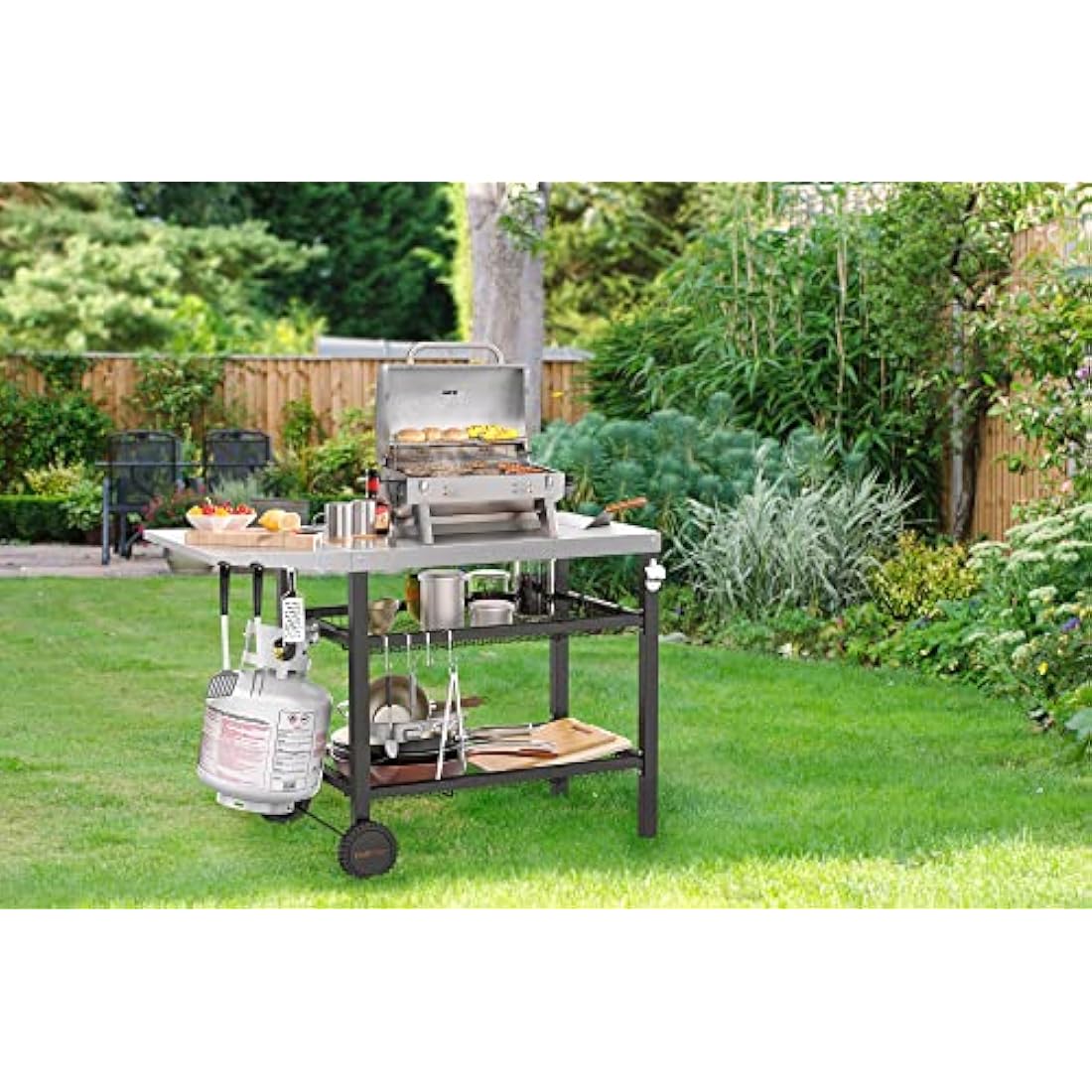 Onlyfire Heavy Duty BBQ Trolley Food Prep Table, Stainless Steel Flattop Worktable with Side table, Two-layer Steel Basket and Utensil Holder