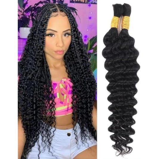 Sexycat Deep Curly Human Braiding Hair for Boho Braids 2 Bundles 16 Inch 100g，#1B Natural Black Water Wave Bulk Human Hair for Micro Braiding Wet and Wavy Bundles Hair Extensions