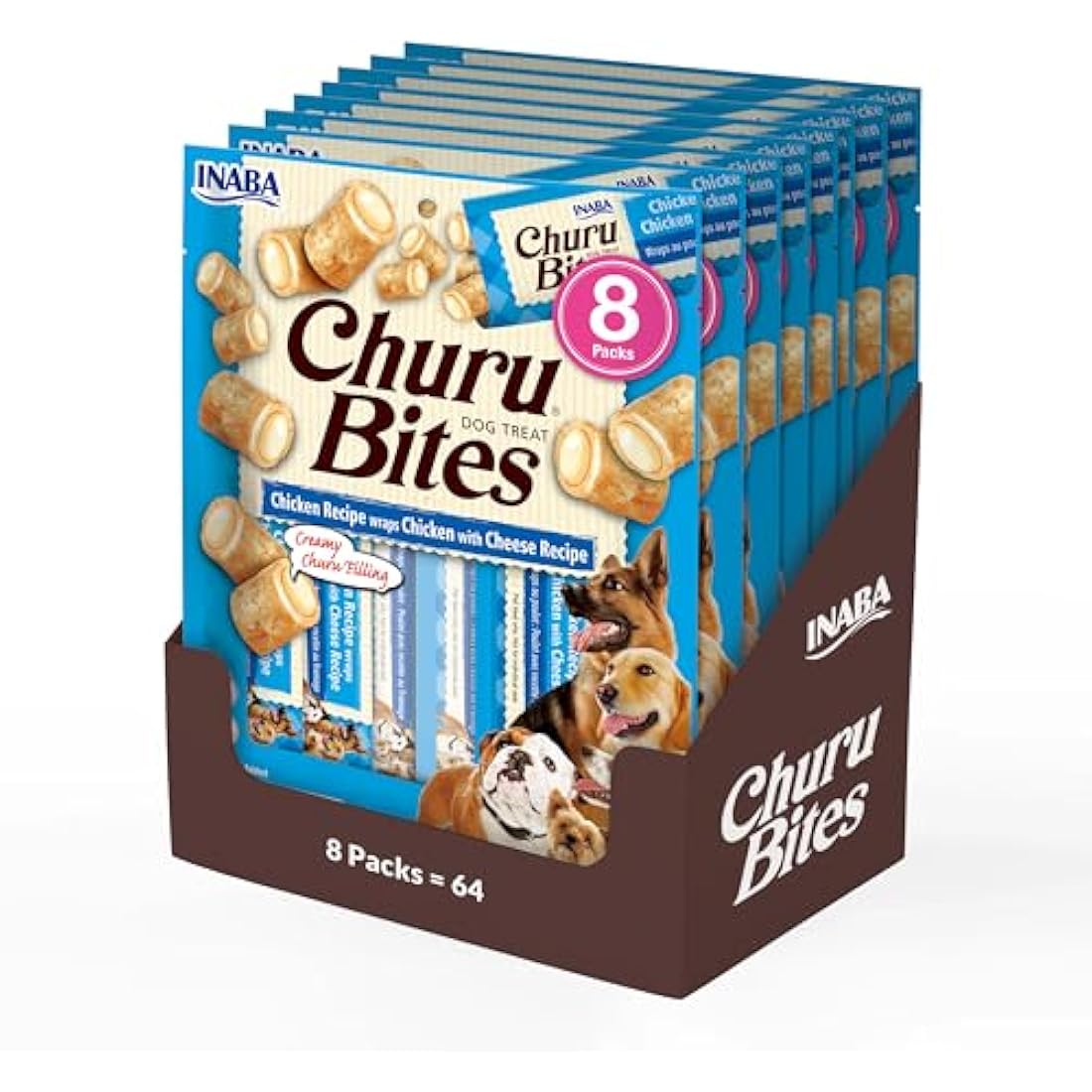 Churu Bites by INABA Dog Treat - Chicken & Cheese Flavour 8 Pack (64 x 12g total) / Crispy Pouches with Creamy Filling, Delicious & Healthy Snack for Dogs, Training Treat, Natural, Grain Free