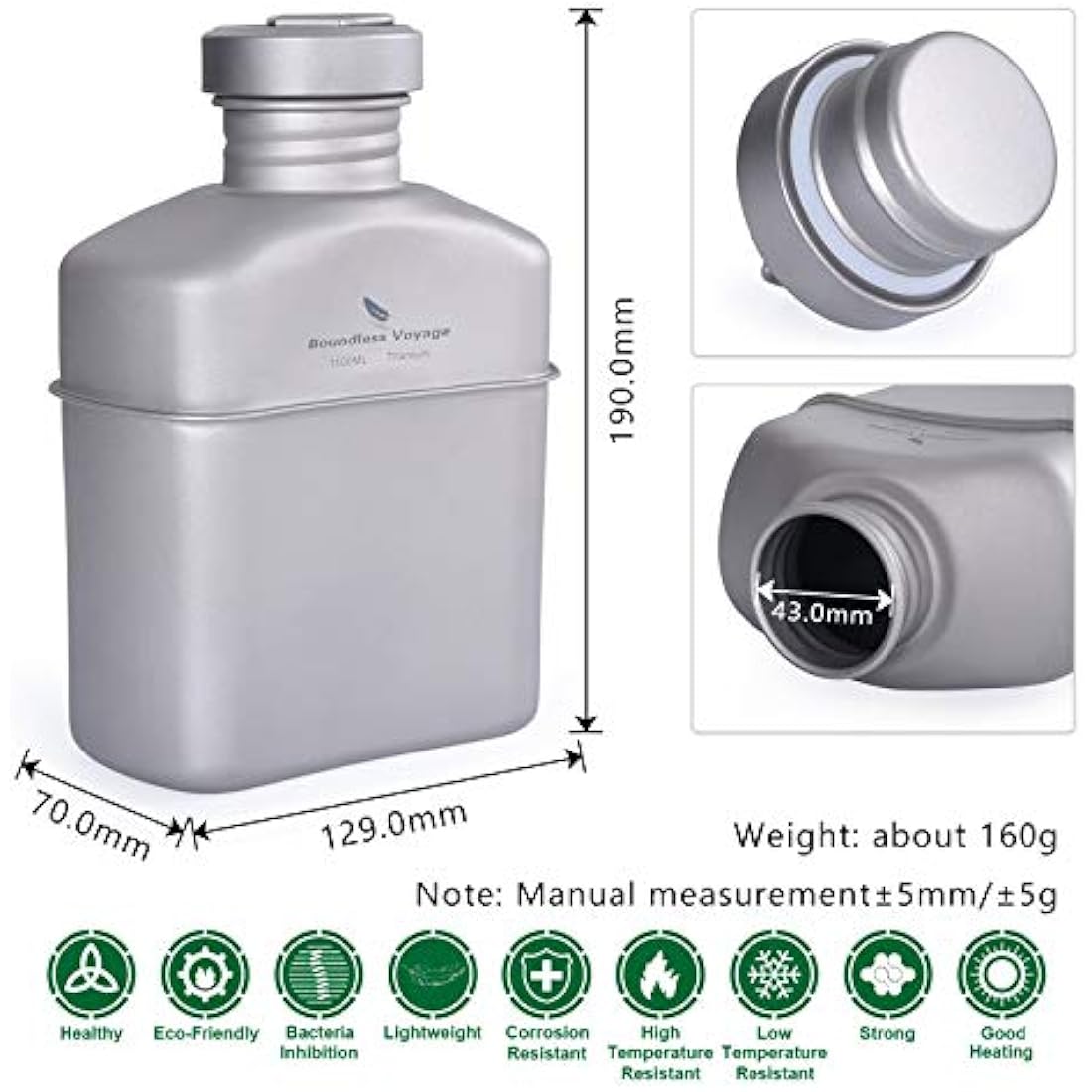 Boundless Voyage Titanium Military Canteen with Carry Bag Outdoor Camping Big Capacity Water Bottle Cup Pot Mess Kit 1100ml Ti15158A