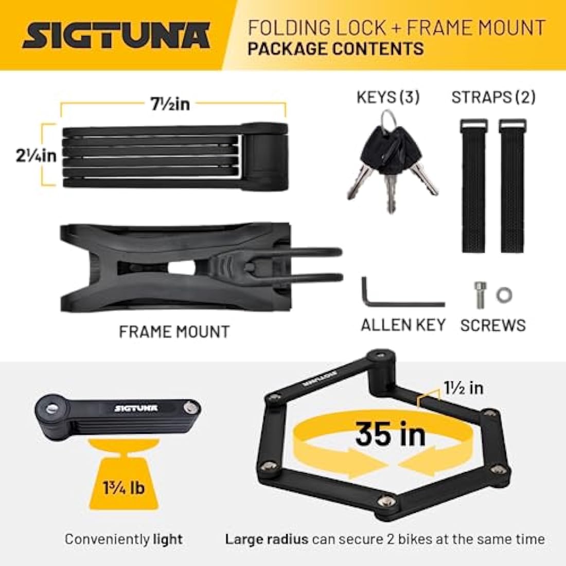 SIGTUNA Bike Lock - Heavy Duty Bicycle U Lock Shackle and Mount Holder, for Road Bike, Electric Bike, Folding Bike, Mountain Bike