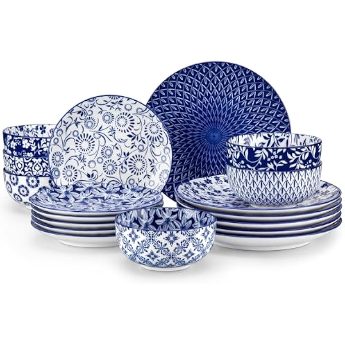 vancasso Selene Dinner Sets for 6 People, 18 Pieces Vintage Blue Porcelain Plates and Bowls Set Kitchen Crockery Set Dinnerware Sets, Mircowave and Dishwasher Safe Dishes Set