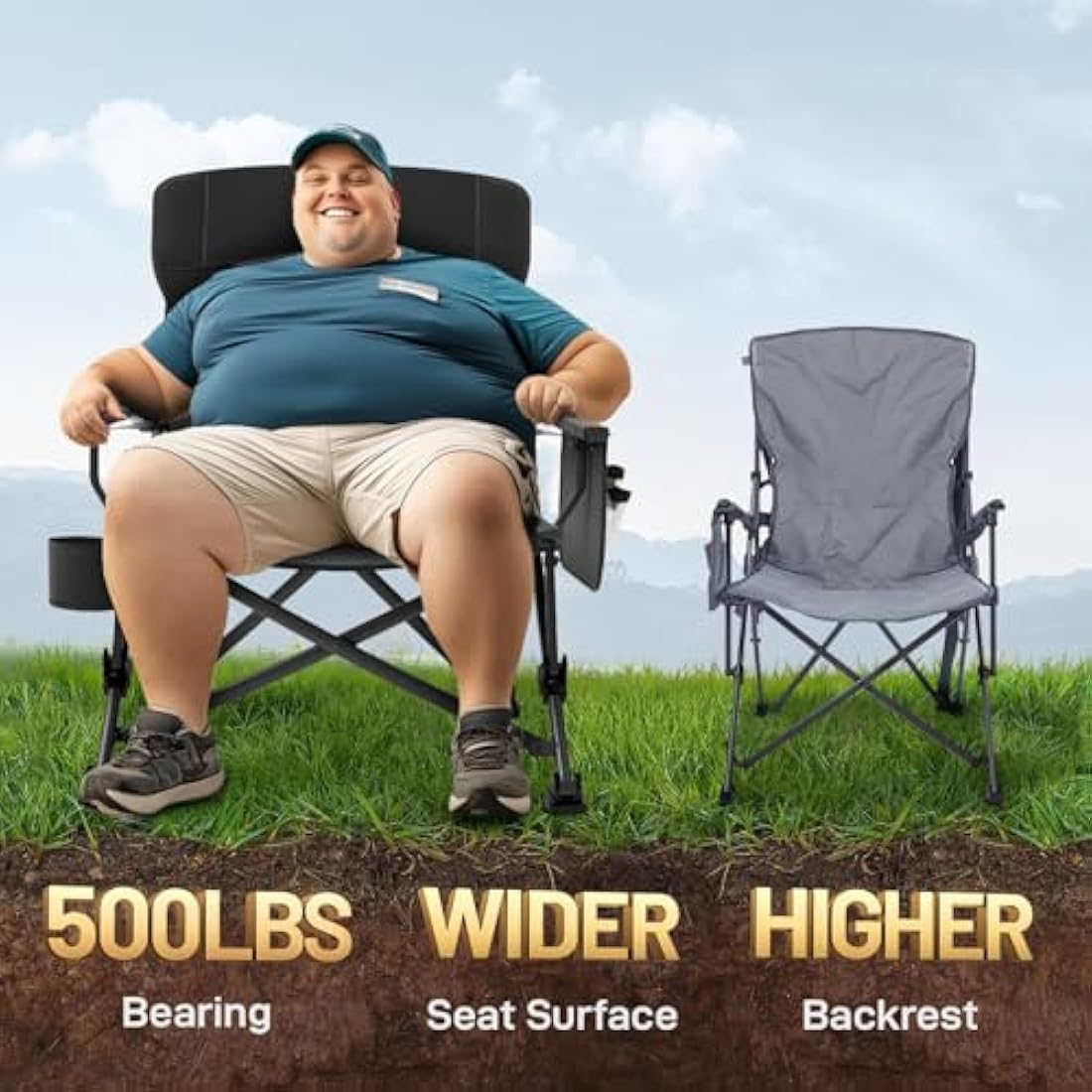 EVER ADVANCED Oversized Folding Camping Chair for Adults with Adjustable Lumbar Support, Heavy Duty Chair with Side Pockets, Portable Collapsible Quad Chairs for Outside, Support Up to 230KG,Black