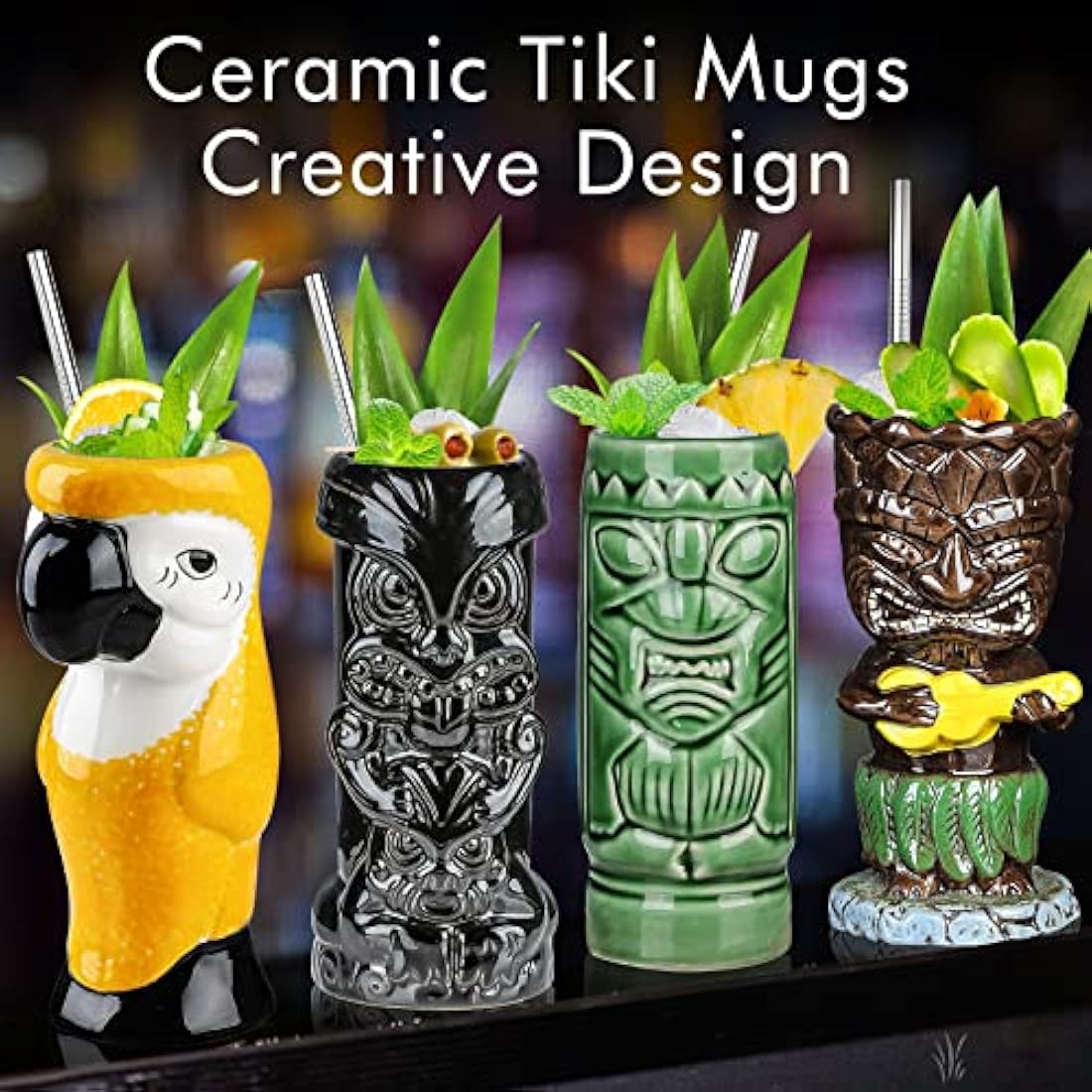 Tiki Glasses for Cocktails Tiki Mugs Set of 4 Ceramic Tropical Cups Hawaiian Tiki Party Creative Cocktail Glass Drinks Large Bar Drinkware Premium Tropical Exotic Cute Barware 4 Packs