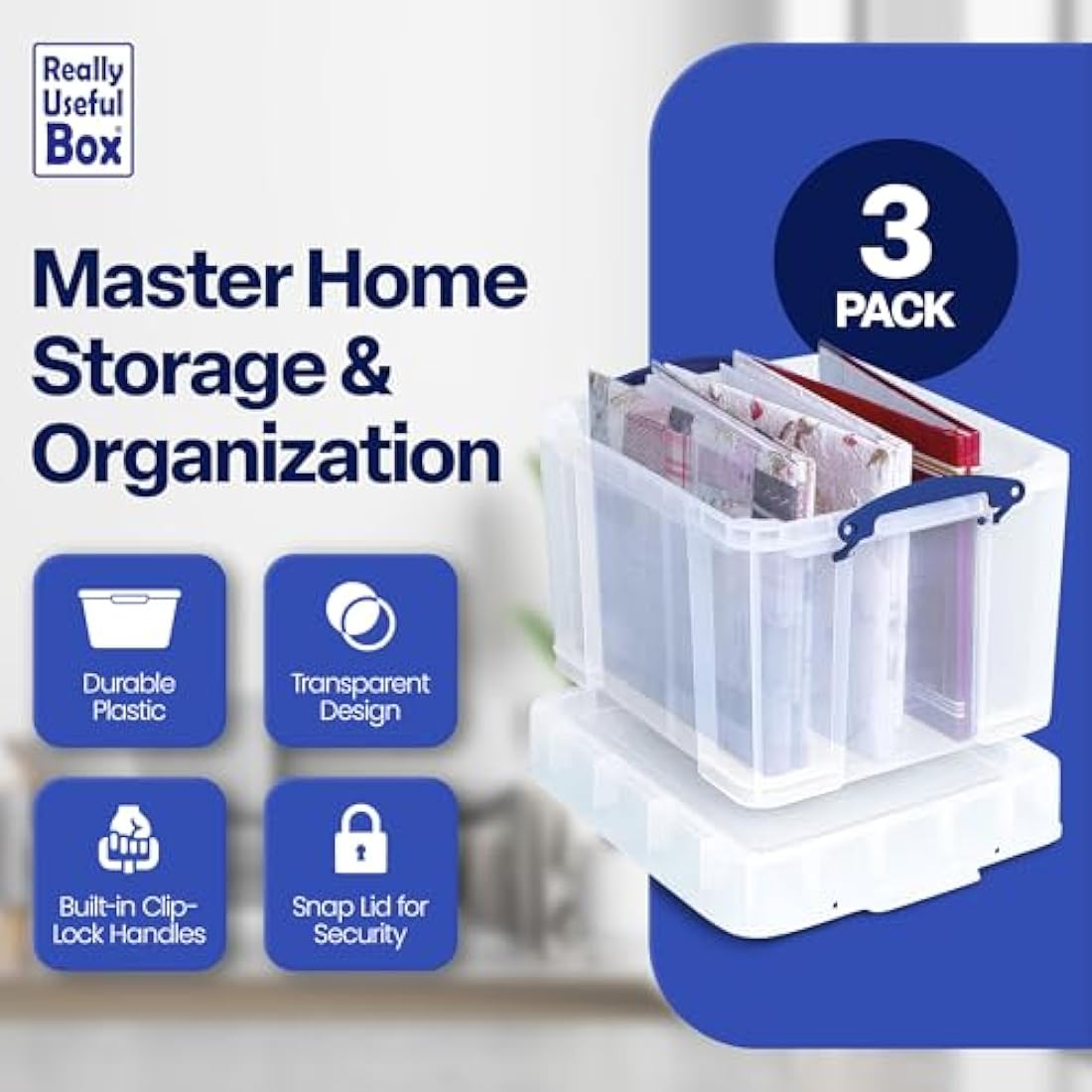 Really Useful Box Plastic Storage Bonus Pack 3x35 Litre Clear with XL Lid Clear