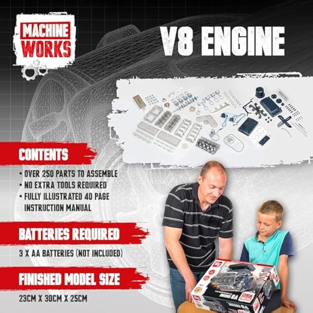 Machine Works Build Your Own V8 Engine Toy - Replica Model Building Kit - Features Augmented Reality, Sounds and Illumination, 4 Modes, 250+ Pieces, 10+ Years