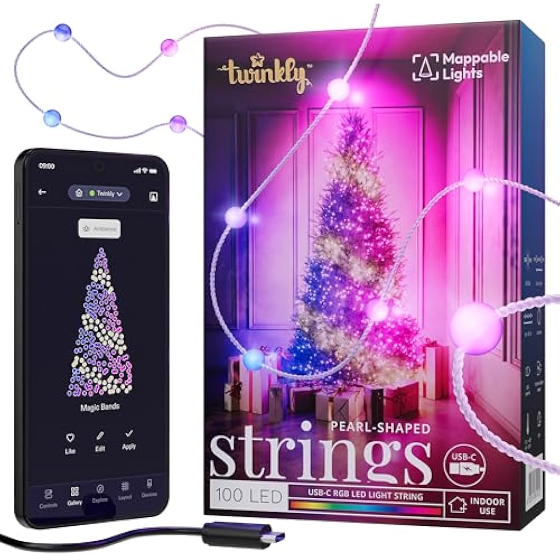 Twinkly Strings USB-C Pearls 100 LED, Pearl Shape LED Light String, Christmas Lights, RGB Multicolor LED Lights, Mappable LEDs, Compatible with Alexa, Google Home, USB-C Power, Transparent Wire, 6m