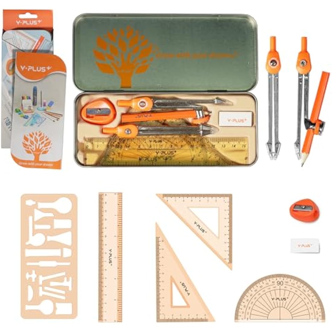 YPLUS Geometry Set for Students, Math Protractor Compass with Rulers, Box of Protactor Kit for Class Supplies and School, 11 Pcs