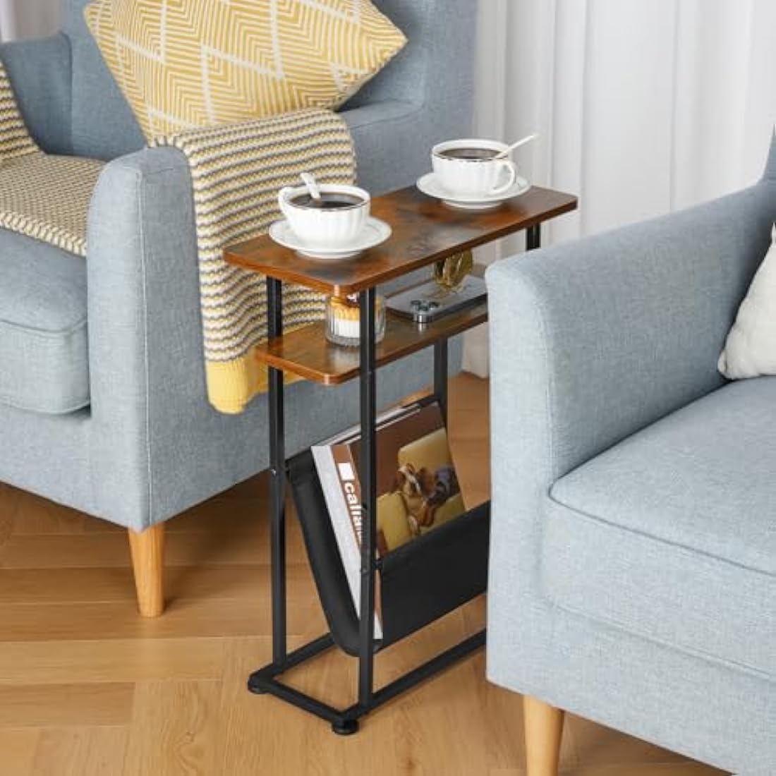 ZEXVIDA Slim Side Table for Small Spaces - 2 in 1 End Table with Magazine Holder - Rustic Brown