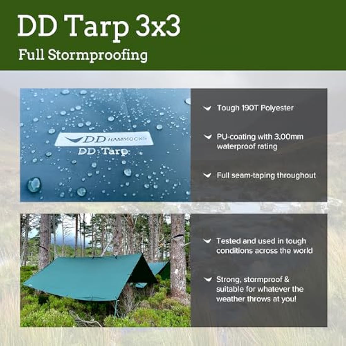 DD Hammocks - DD Tarp 3x3 - Olive Green - Lightweight, 100% Waterproof Tough Shelter with Pegs & Guy Lines for Camping Bushcraft & Hiking