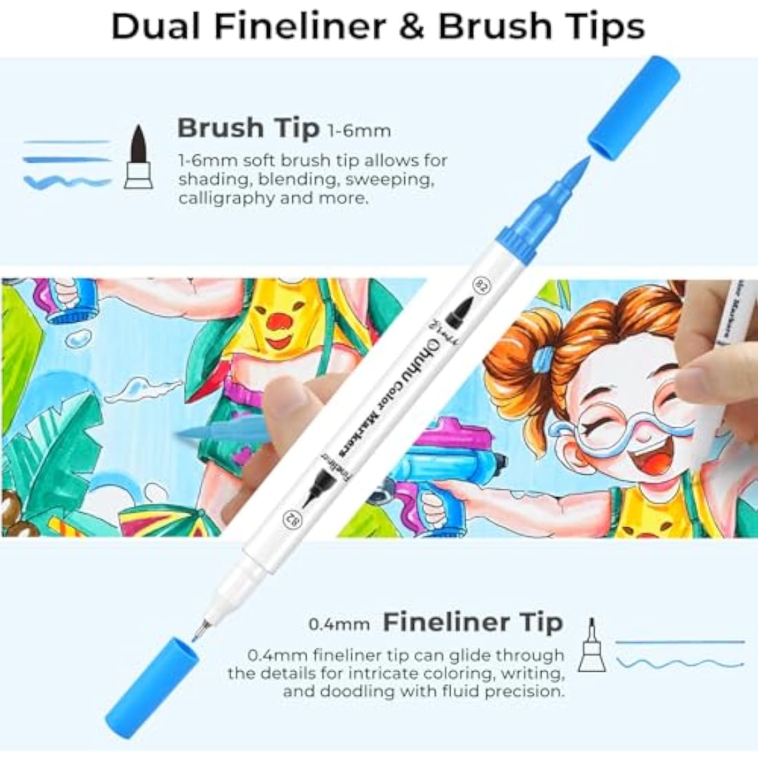 Ohuhu 100 Colouring Pens, Dual Tip Brush Pens Felt Tip Pens, Art Markers Set with Fineliner, for Kids Adults Colouring Book Drawing Calligraphy Sketching Journal, Maui - White Storage Case