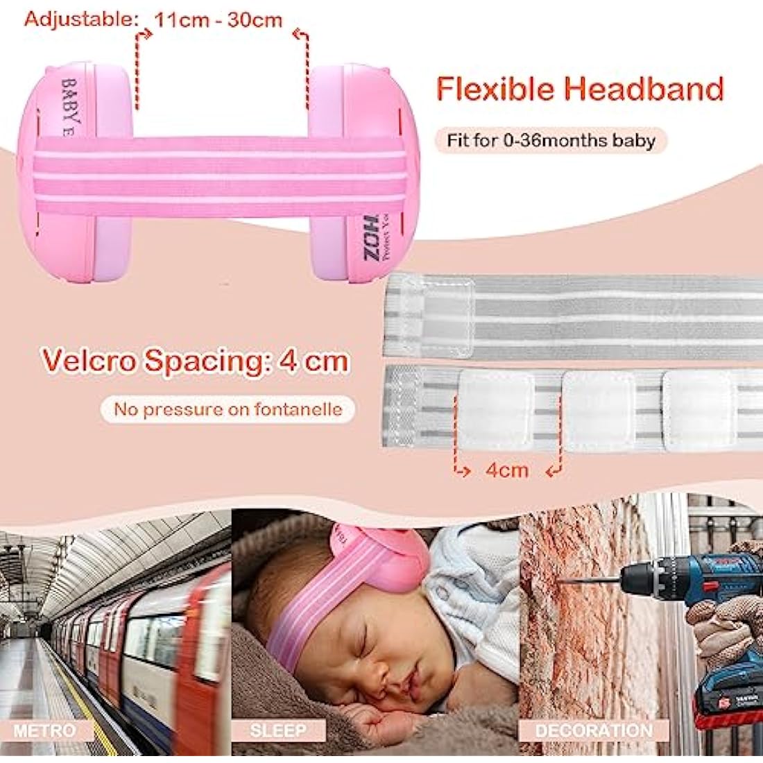 ZOHAN 001 Ear Defenders Baby 3-36 months Earmuffs Noise Cancelling Infant Adjustable Headband for Toddlers Comfort Headphones Against Hearing Damage, Reduction 23dB SNR for Festivals & Travel (Pink)