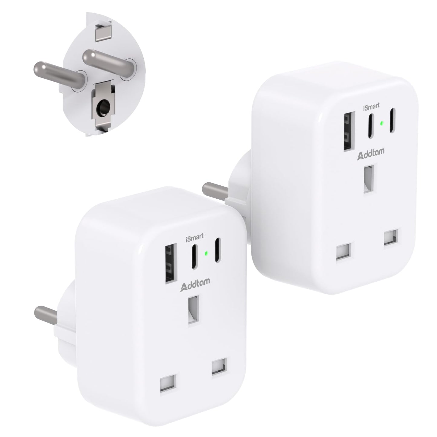 [2 Pack] UK to European Plug Adapter with 3 USB Ports(2 USB C), EU Schuko Travel Adaptor for Germany France Spain Turkey Russia Iceland Greece Poland