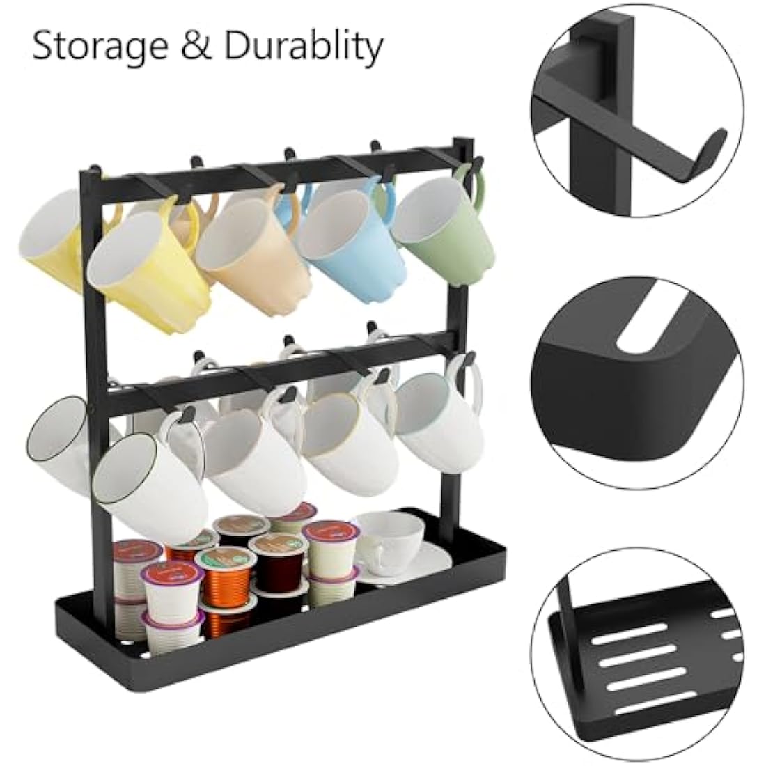 YUMORE Coffee Mug Holder Stand,16 Cup Hooks Countertop Mug Tree Holder Rack with Storage Base 2 Tier Counter Cups Mugs Display Storage Organizer for Kitchen Tea Coffee Bar, Black, Metal