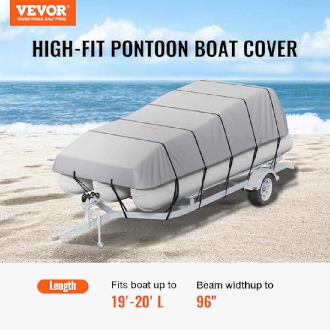 VEVOR Pontoon Boat Cover, 19'-20' Waterproof Trailerable Pontoon Cover, 800D Marine Grade PU Oxford Fabric, with Motor Cover, 16 Windproof Buckle Straps, Fits for 19'-20'L, Beam Width to 96", Grey