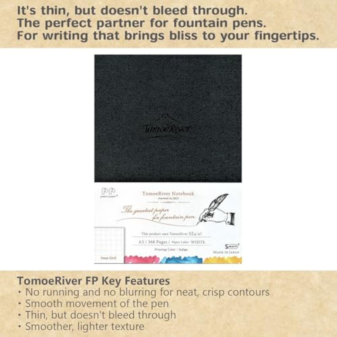 SAKAEテクニカルペーパー Tomoe River FP (52g/m2) Notebook by SANZEN, 5.85" x 8.27", 368 Pages (184-Sheet), Hard Cover, 5mm Squared, Thread-Bound, White (SR-A5HBW)
