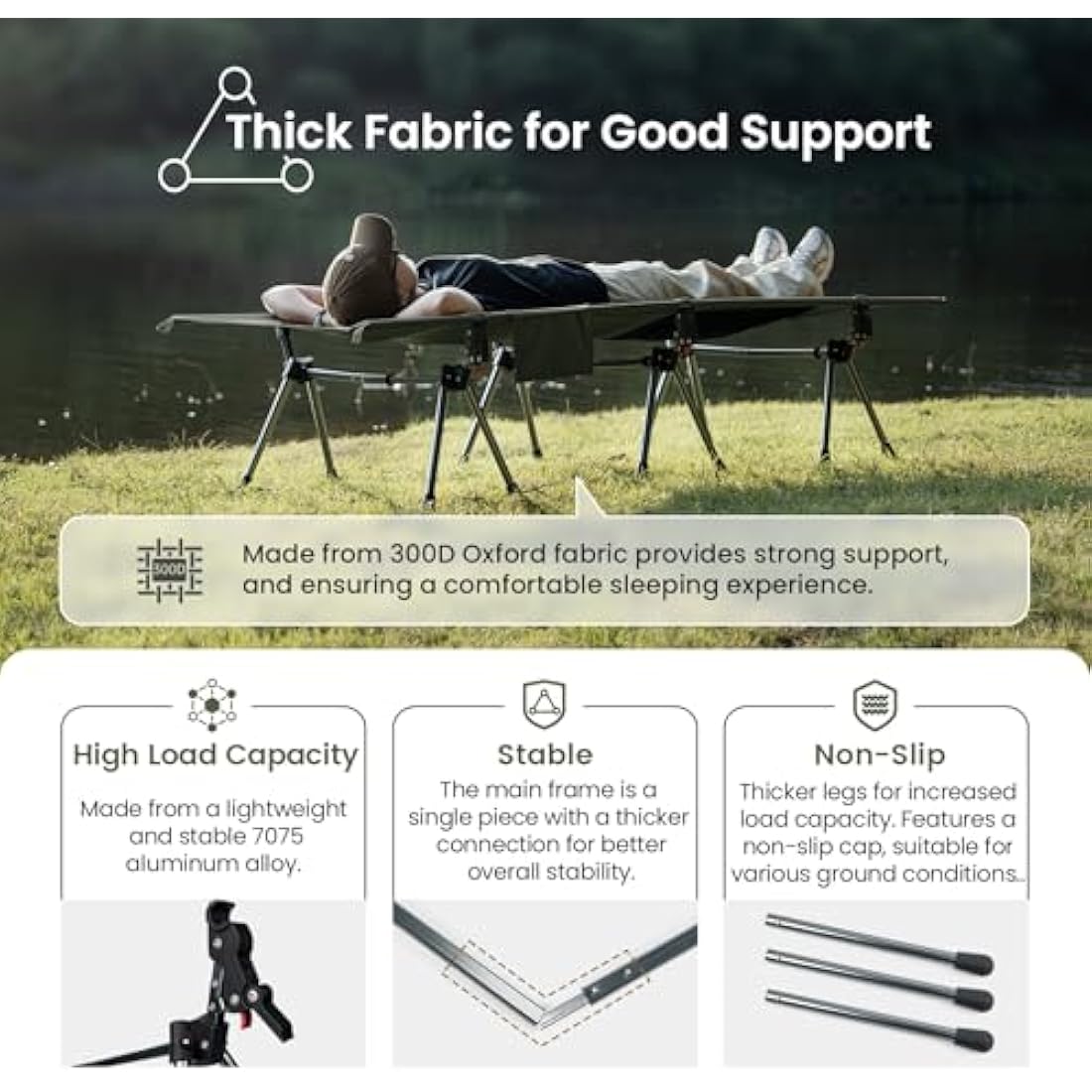 OneTigris SUPRANUBIS Camping Cot, Height Adjustable with Cot Leg Extenders, Strong Support 330lbs, Portable Folding Bed for Camping, Hiking, Travel, Truck, Beach, Office Nap (Ranger Green)