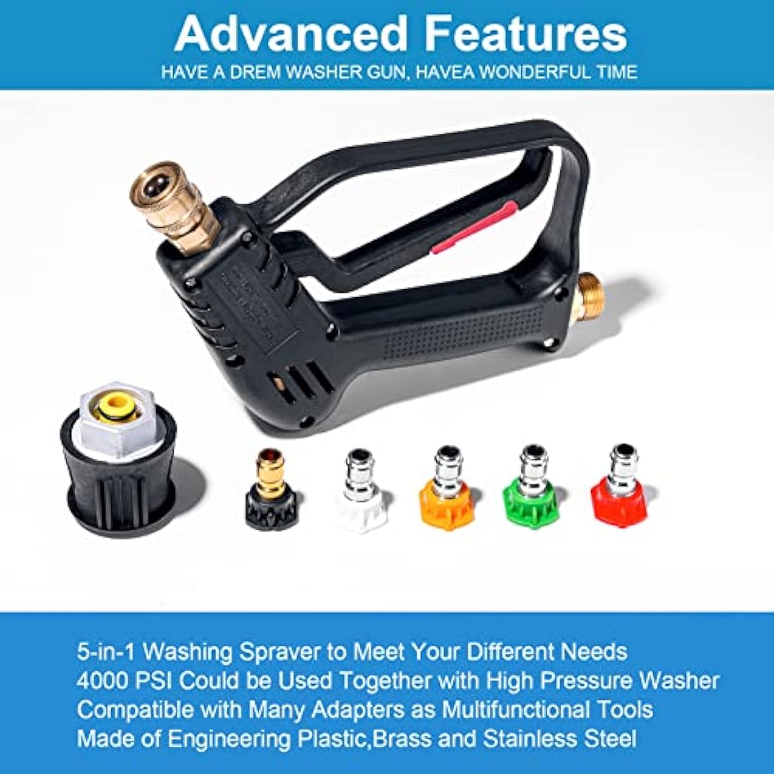 YUET High Pressure Washer Gun Handle with 5 Water Nozzle Tips,Water Wash Cleaner for Car Cleaning Kit(M22 14MM Fitting Hose Connector & 1/4" Karcher Kärcher Quick Connector) Power Wand 4350 PSI