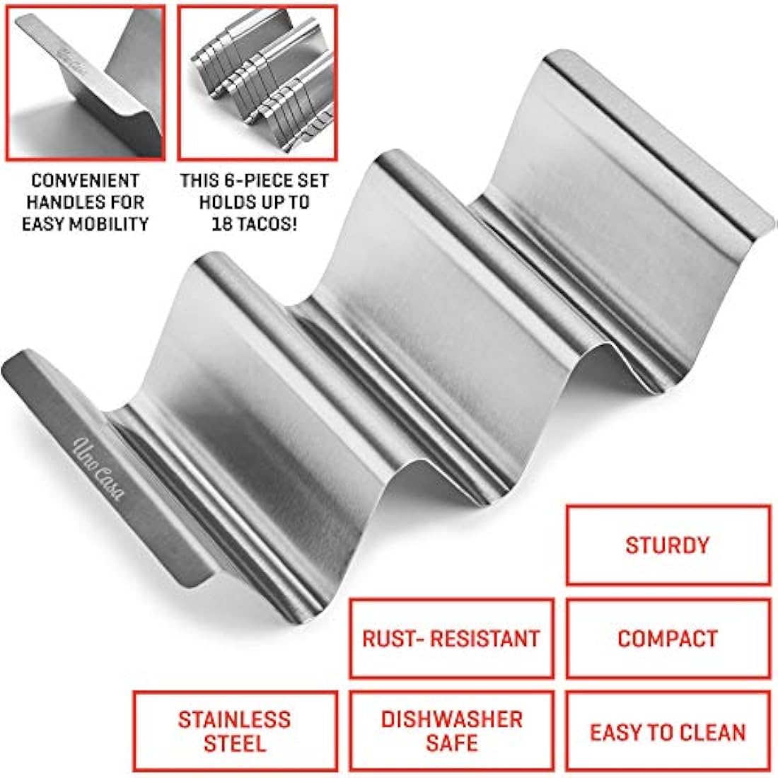 Uno Casa Taco Holders Set of 6 - Metal Holder for Taco Shells - Durable Stand for U-Shaped Rack - Perfect for Serving, Baking, and Grilling - Includes Recipe Book for Delicious Mexican Creations