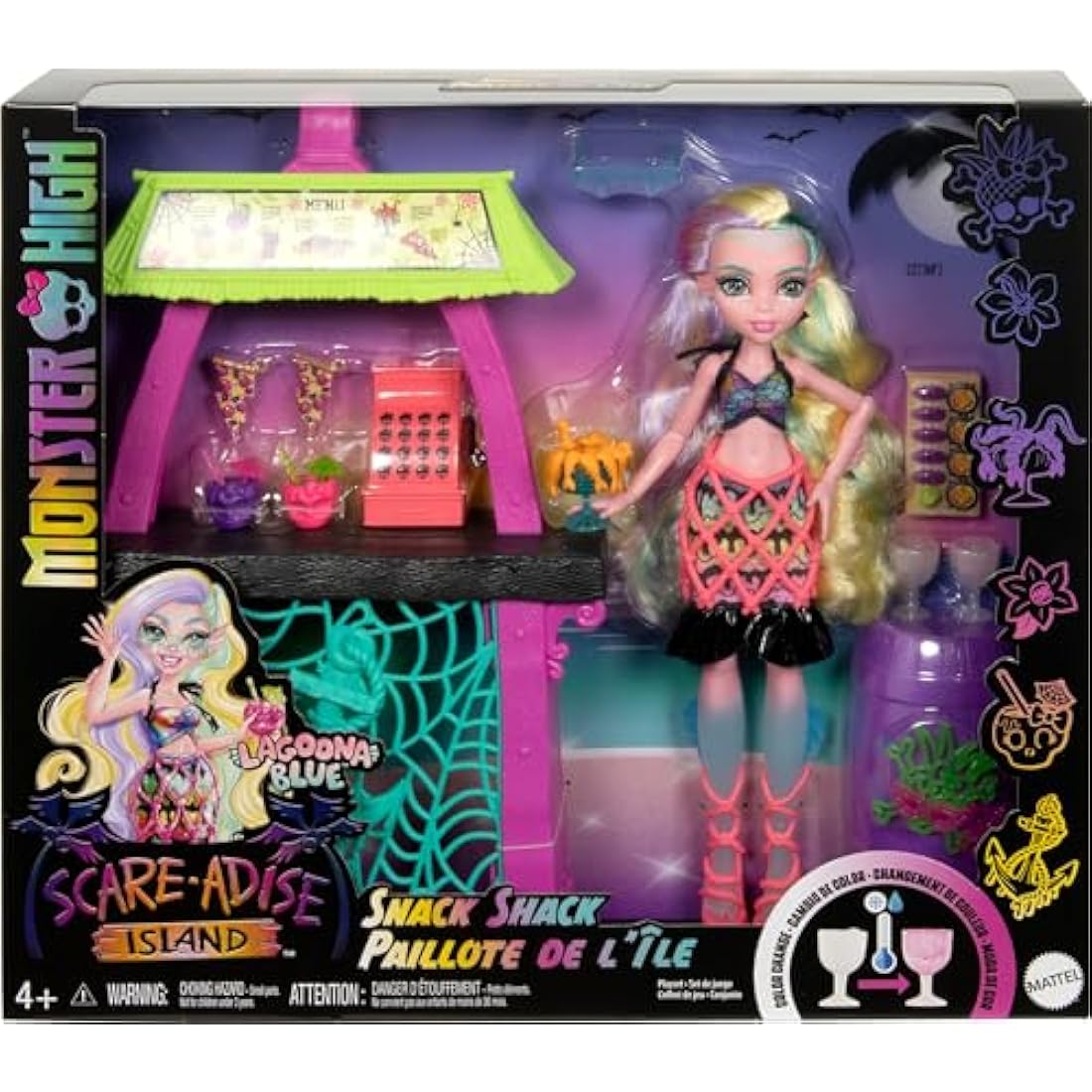 Monster High Doll and Playset, Lagoona Blue Scare-adise Island Snack Shack with Food Accessories and Color Change Drinks, HRP70