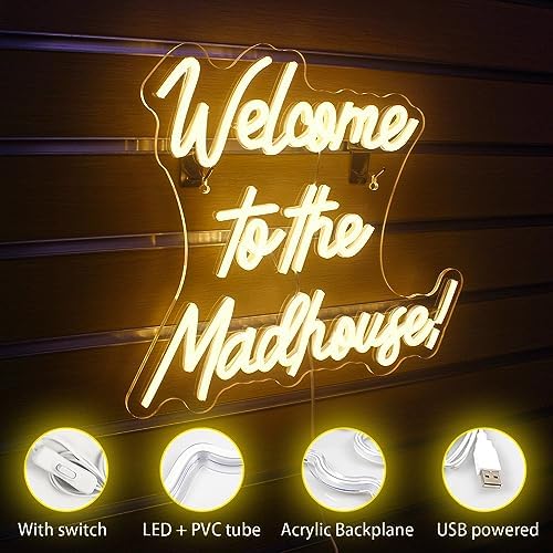 Horseneon Neons Signs Welcome to The Madhouse, Led Signs Neon Lights for Bedroom, Letter Neon Light Sign for Wall Decor Led Neon Lights for Pub Home Bar Room Club Party Window Decor present