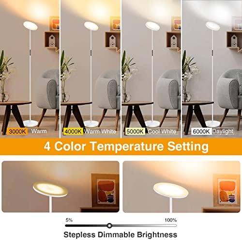 OUTON LED Uplighter Floor Lamp 30W 3000LM, Bright Modern Torchiere Dimmable Standing Lamp, Remote Touch Control & 4 Color Temperatures, 1 Hour Timer for Living Room, Bedroom, Office, White