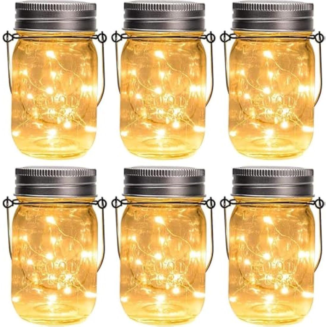 GIGALUMI Hanging Solar Mason Jar Lights, 6 Pack 30 Led Lanterns. Great Outdoor Decor for Patio Garden, Yard and Lawn, Warm White