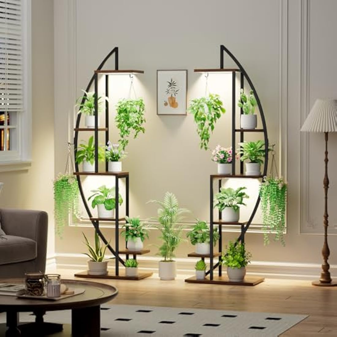 BACEKOLL Plant Stand Indoor with Grow Lights, 6 Tiered Tall Plant Shelf, Metal Plant Stand for Indoor Plants Multiple, Half-Moon Plant Rack Display Shelf, 2 Pcs Plant Holder for Living Room, Patio