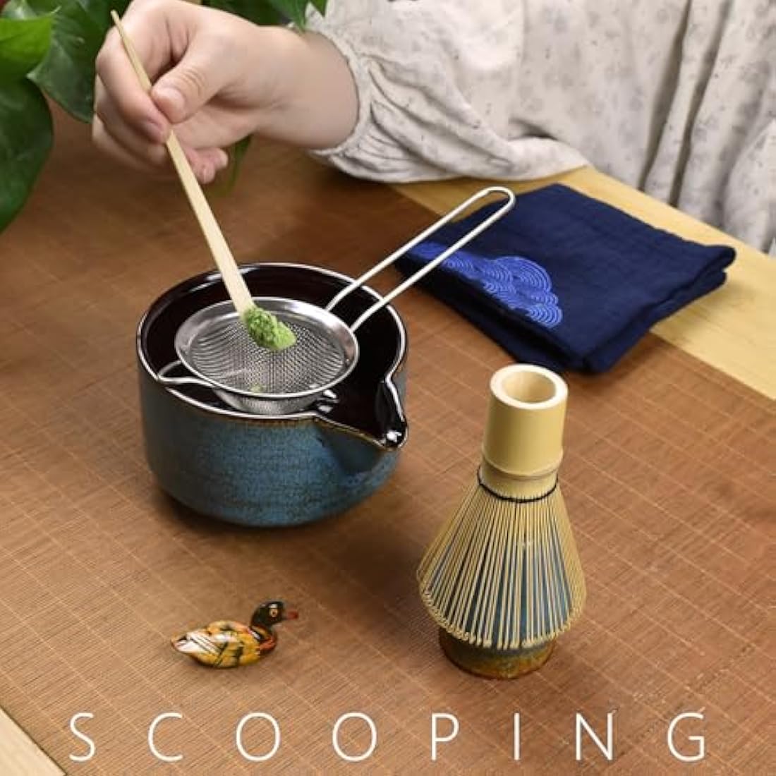 Artcome 7 Pcs Complete Matcha Tea Ceremony Kit - Bowl, Whisk, Scoop, Strainer, Powder, Set for Usucha, Koicha, Matcha Latte (Sapphire)