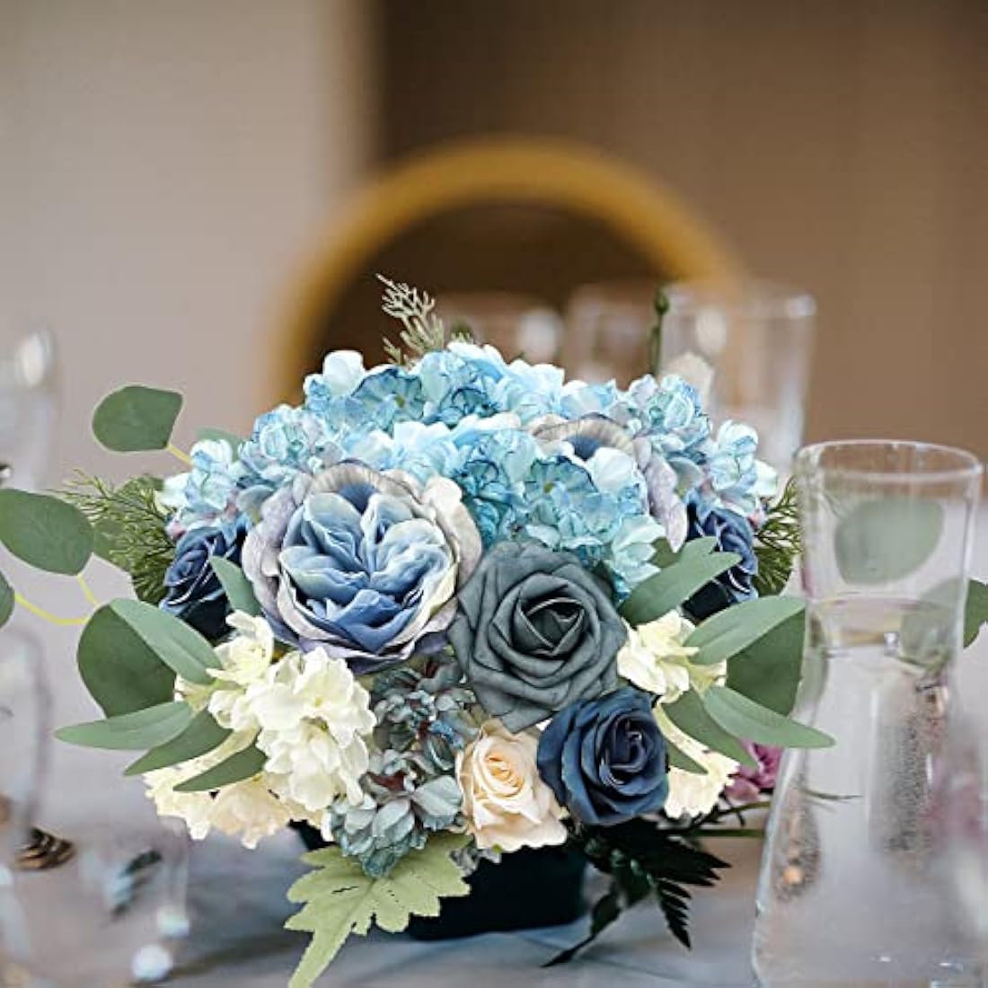Kisflower Artificial Flowers Dusty Blue Silk Artificial Roes Combo Peony Flower for DIY Wedding Bridal Bouquet Party Home Decorations (Dusty Blue)