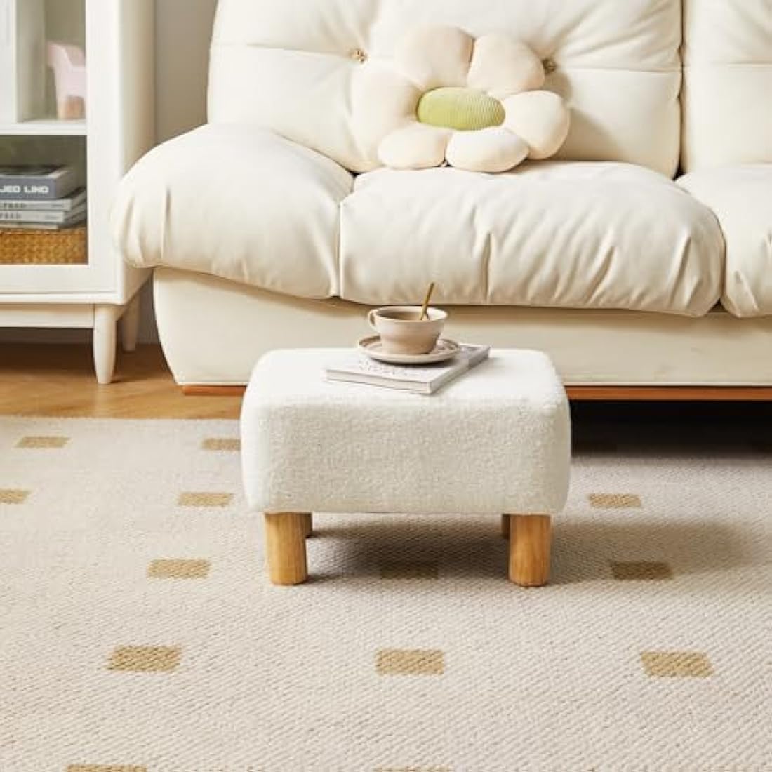 YMYNY Footstool, Rectangle Pouf Ottoman with Stable Wooden Legs, for Couch, Desk, Modern Teddy fleece Material Soft Padded Seat, Change Shoes Stool for Living Room, Bedroom, 40×29×25CM White HBD030W