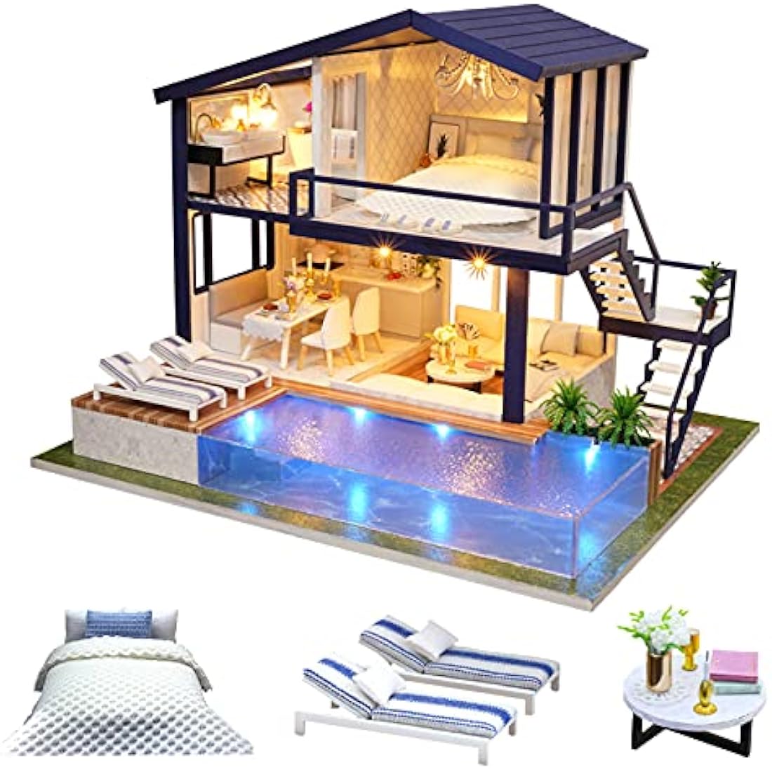 Cuteroom DIY Wooden Dolls House Handcraft Miniature Kit Model & Furniture-Time Apartment With Swimming Pool