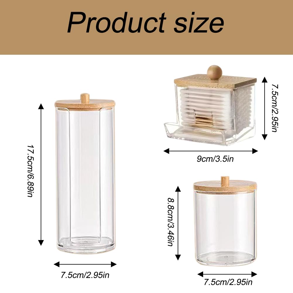 3Pcs Cotton Pad Holder,Cotton Wool Bud/Swab/Ball Holder,with Bamboo Lid,Bathroom Qtip Dispenser Jars Canisters Holders for Vanity Cotton Ball Qtips