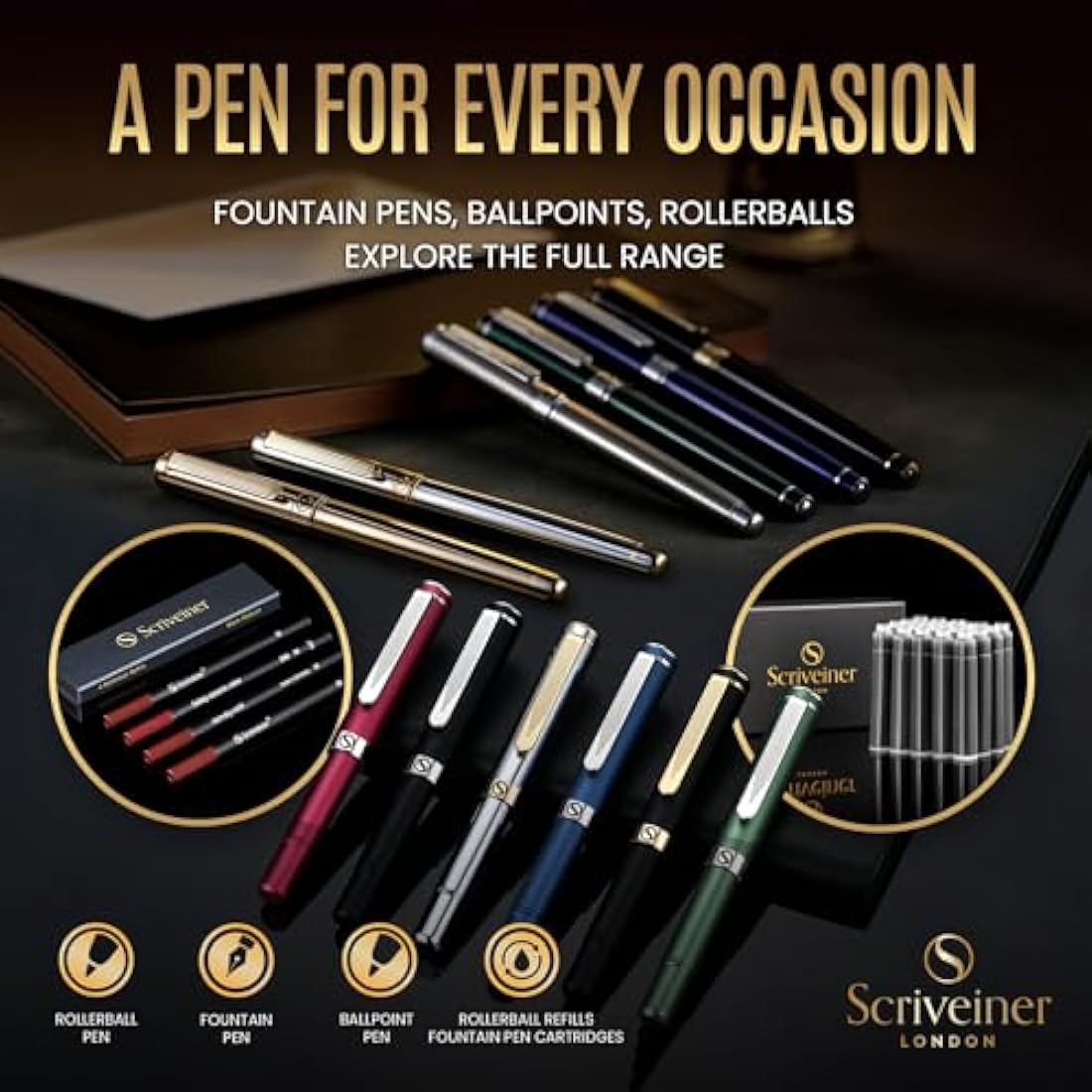 Scriveiner Silver Chrome Fountain Pen - Stunning Luxury Pen, Real Gold Plating, Schmidt Gilded Nib (Broad), Best Pen Gift Set for Men & Women, Professional, Executive Office, Nice Designer Pens