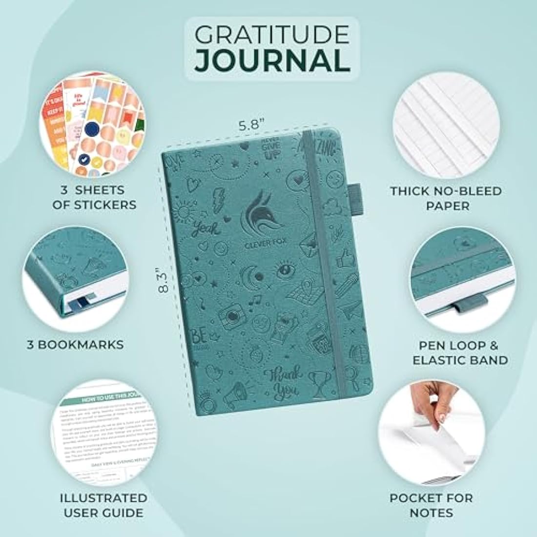 Clever Fox Gratitude Journal – Happiness, Positivity & Affirmation Daily Journal – Inspirational Daily Notebook – 3 Months, A5 (Aquamarine)