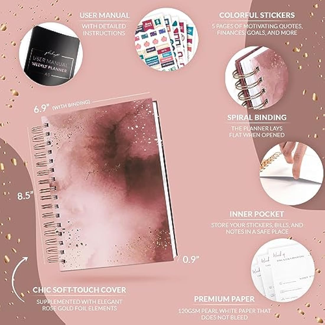 PLANBERRY Weekly Planner – Elegant Life & Budget Planner to Hit Your Goals & Live Happier – Organizer & Productivity Journal – 17.5 x 21.5cm Hardcover, Undated + Stickers (Rose Gold)