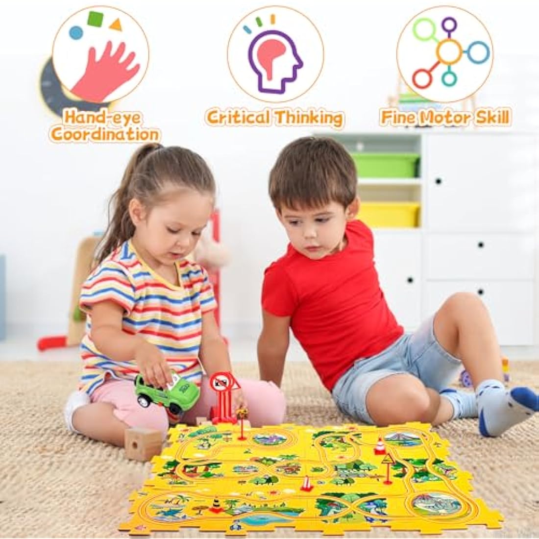 Pipihome DIY Assembling Electric Trolley, Puzzle Car Track Set with Vehicles, Car Track Toy, Race Tracks for Boys Age 3, Rail Car Building Montessori Toys for 3+ Year Old Boys & Girls, Dinosaur