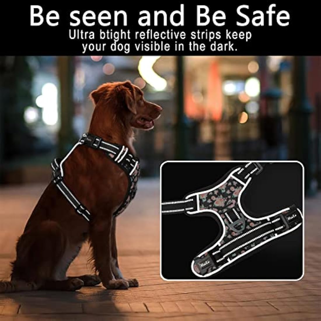 HEELE Dog Harness, No Pull Dog Harness Small, Release on Neck, Front Back Clips Dog Vest Harness Reflective Adjustable Padded Breathable, Easy Control Handle for Walking Training, Floral-Black, XS