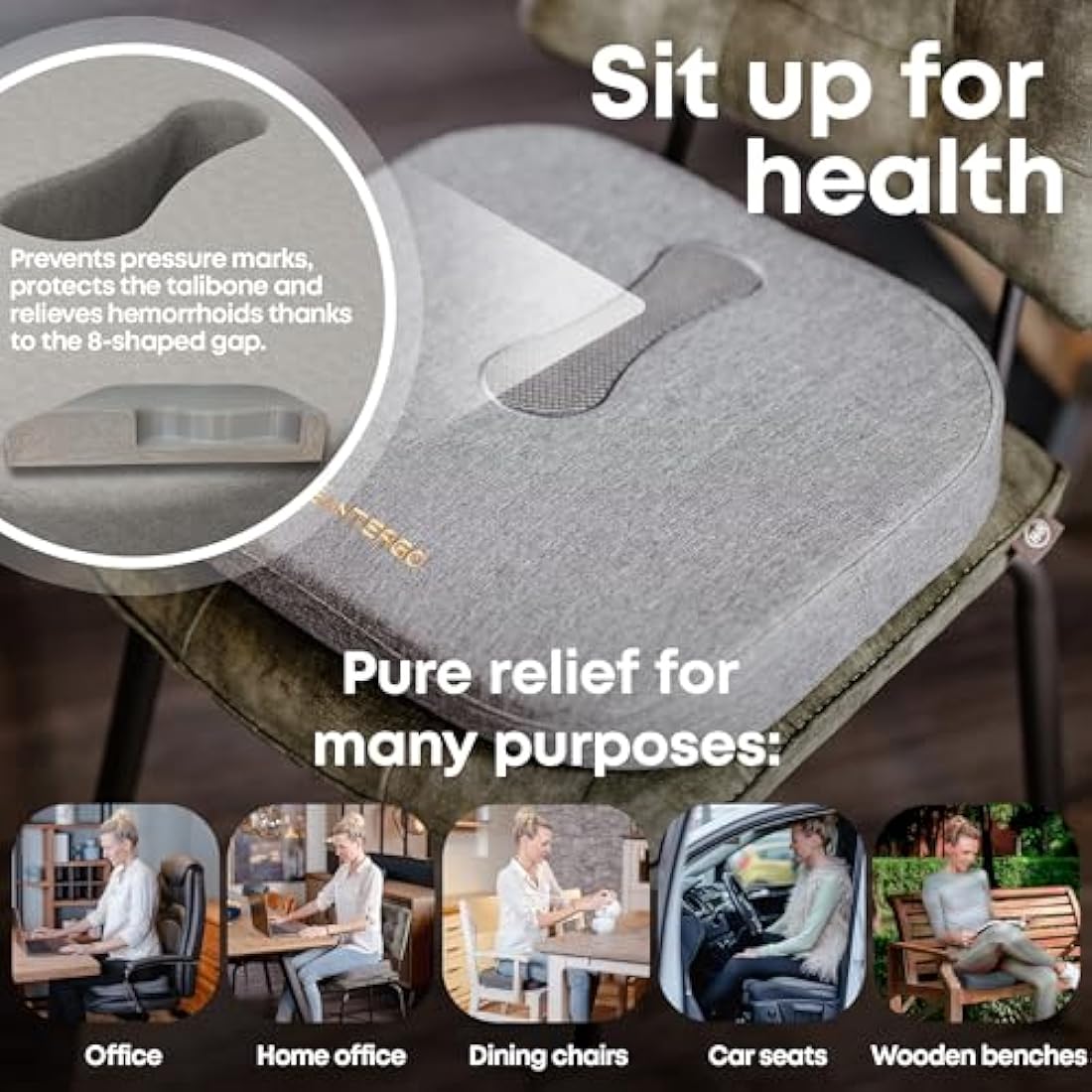 Orthopedic Seat cushion [PATENTED & STABLE] Support for Haemorrhoids Lumbar Coccyx | Seat cover office chair car wheelchair | seat cushion, ergonomic back cushion, pressure cushion - SANTERGO