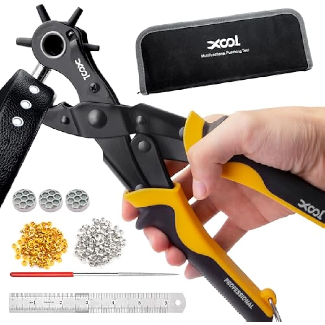 XOOL 2 in 1 Leather Hole Punch Eyelet Tool Kit, 3/16" 4.5mm Metal Eyelets for Fabric, Hole Puncher, Eyelet Pliers for Shoes Leather Clothes Belt