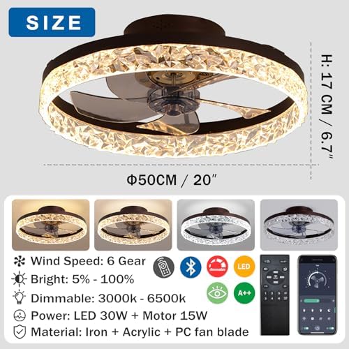 Quiet Ceiling Fans with Lights Remote Control, Modern Lighting Fan Ceiling Light LED Dimmable Ceiling Fan Lamps for Bedroom Living Room, Fan Reversible and 6 Speeds (Black, 50CM)
