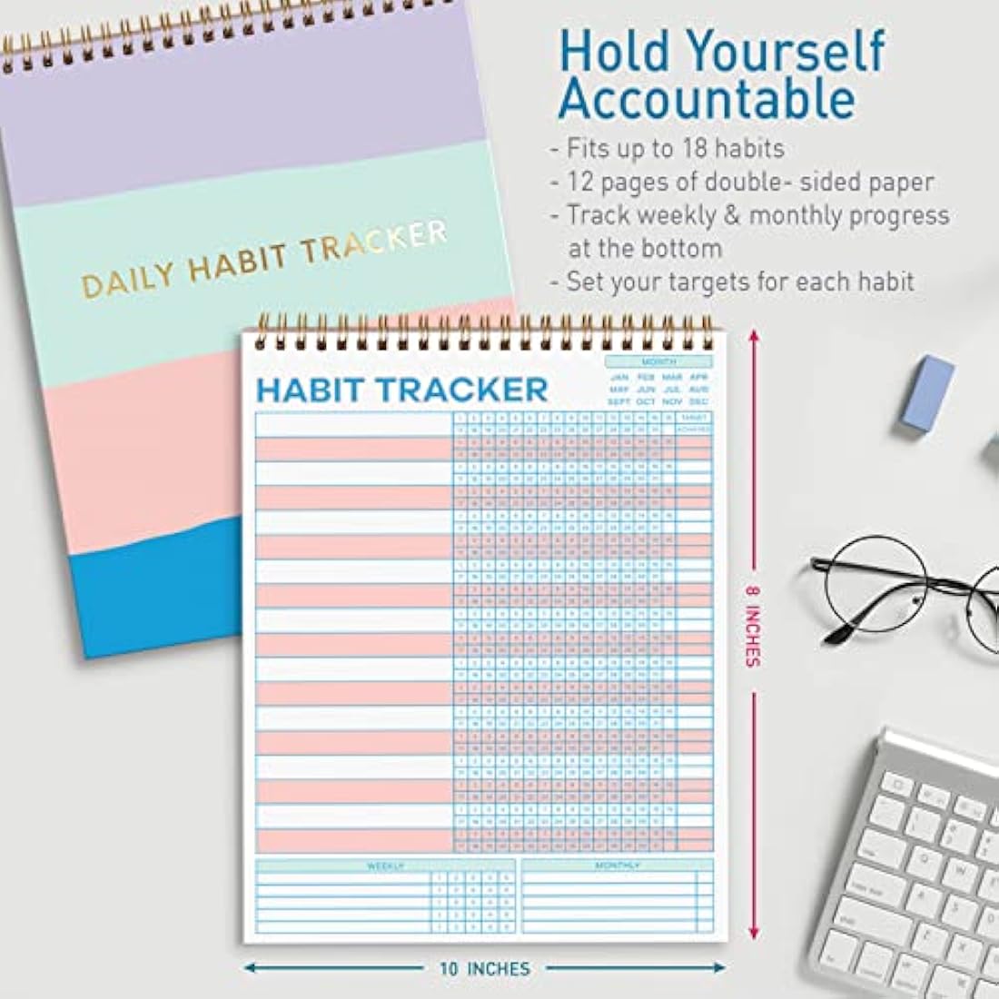 S&O Striped Habit Tracker Calendar - 24 Month Daily task Journal - Undated Routine Planner with Personalized Goal Chart for Health, Fitness & Finance - Weekly Chore Chart for Adults