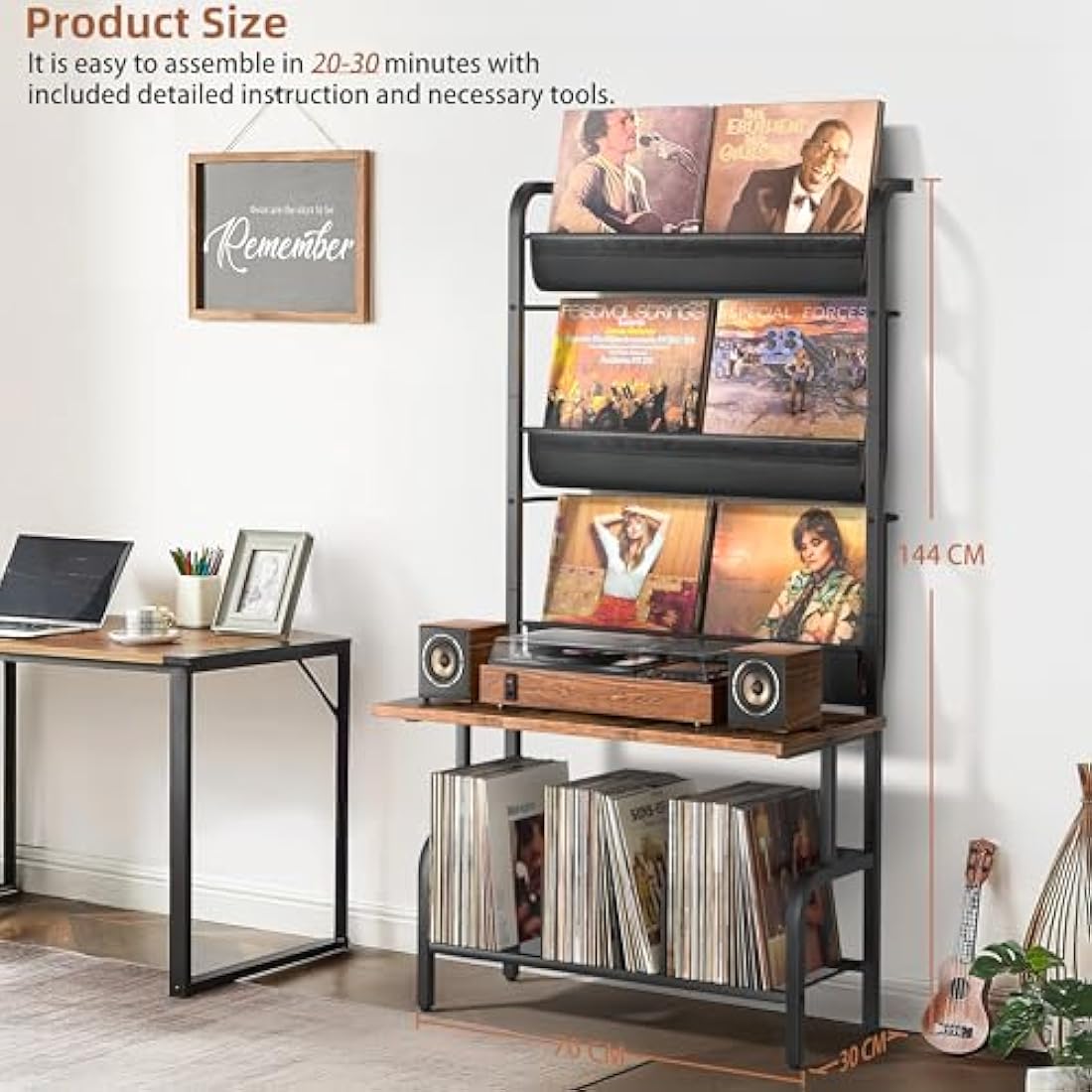 Bikoney Vinyl Record Storage Cabinet - Turntable Stand with Record Holder, Vinyl Wall Mount for up to 300 Albums, Display Shelf Bigger Storage