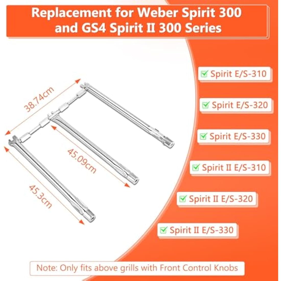GFTIME 69787 46CM Burner Tube Replacement Part for Weber Spirit E-310 E-320 E-330 S-310 S-320 S-330 (2013 and Newer), Burner Spare Part for Weber Spirit Ⅰ & Ⅱ 300 Series (Up-Front Buttons)