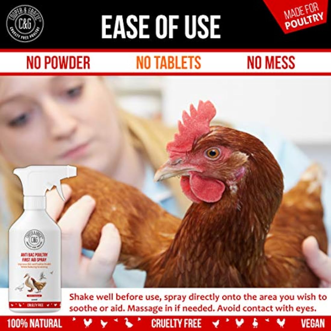 Poultry First Aid Spray 500ml By Cooper And Gracie | Antiseptic Spray For Wounds | Improves Skin And Feather Health & Reduces Scratching | Alternate To Iodine Spray & Purple Spray For Chickens