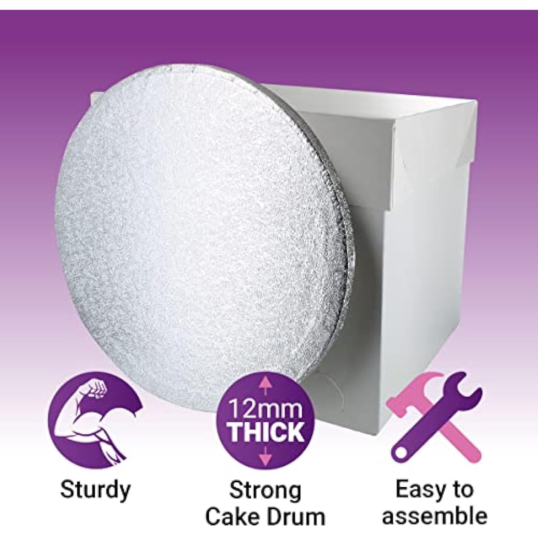 Culpitt 14" Round Silver Cake Drum Board & Tall White Box Combo, 14 x 14 x 12 Inch Square Box and Matching Circle Set for Tiered or Decorated Transport